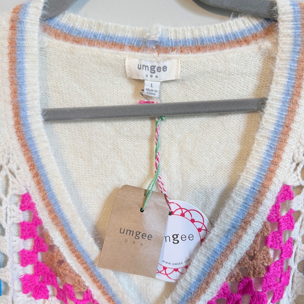 Umgee Crochet Granny Square Cardigan Sweater Womens Large Cream Boho Knit NWT - Picture 2 of 3